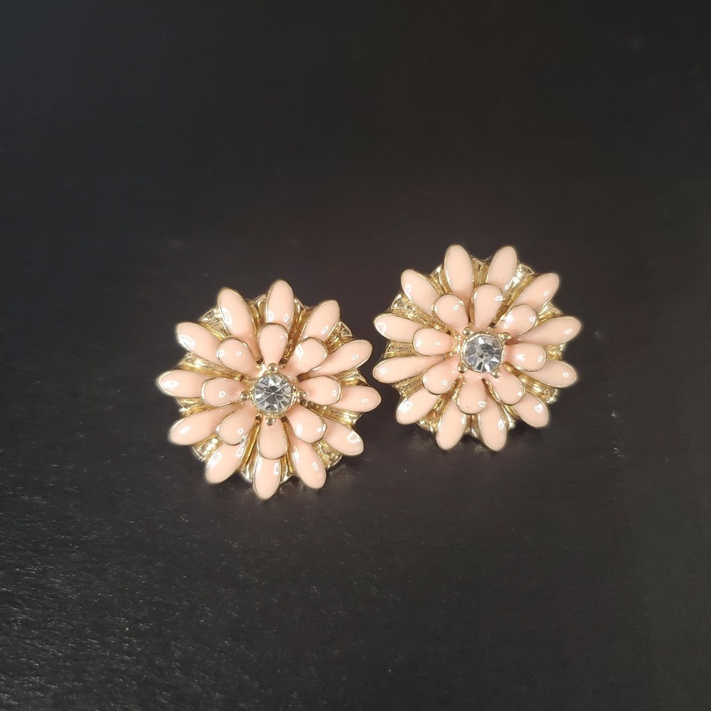 Vintage Peach Enamel Flowers Pierced Post Earrings Spring‎ Floral Bloom